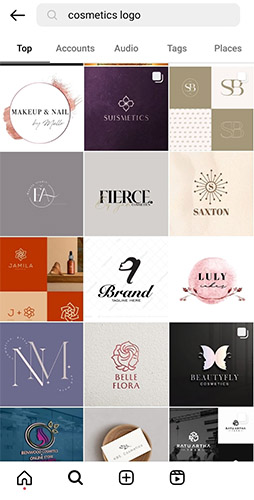 A mobile screenshot of Instagram's search function showing fifteen thumbnails of logo designs.