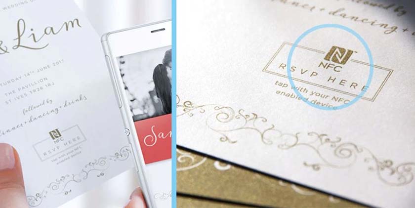 A wedding invitation with an NFC chip embedded in it that reads "RSVP here".