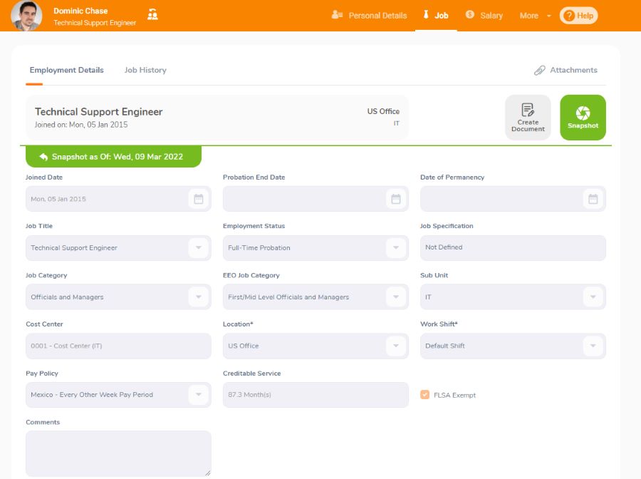 OrangeHRM image of a snapshot report showing job history.