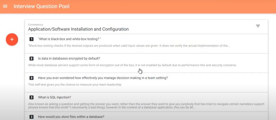 OrangeHRM interview question pool screen showing sample competency questions.