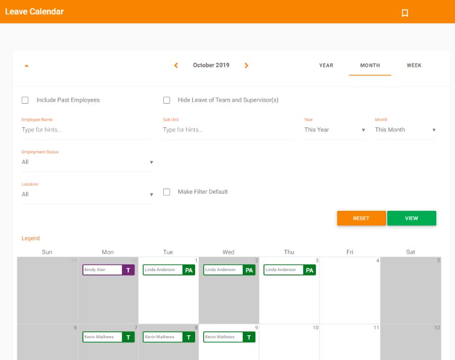 OrangeHRM leave calendar snapshot showing the search tools.