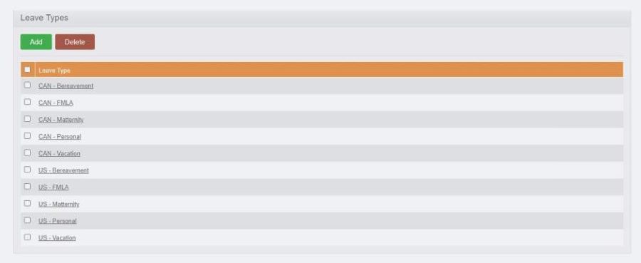 OrangeHRM screen showing different kinds of leave.