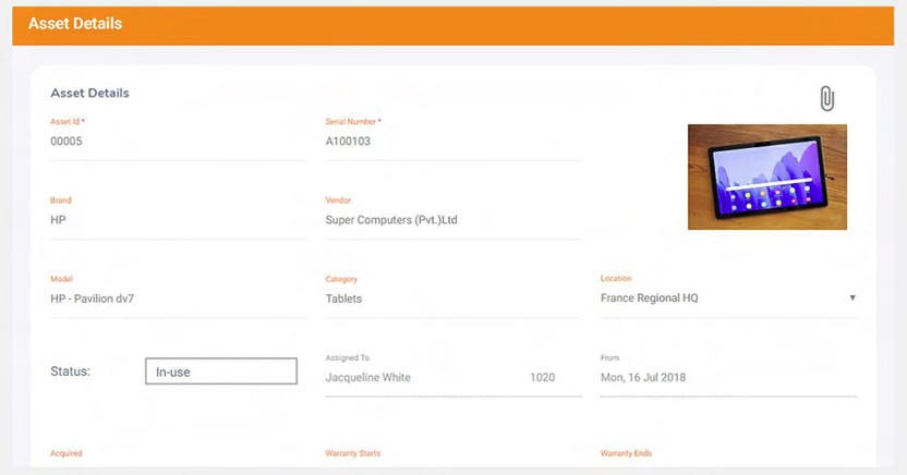 Screenshot of OrangeHRM showing asset page.
