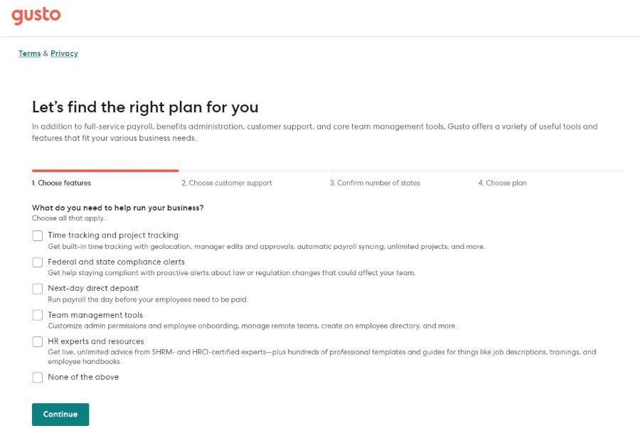 Page 1 of the Gusto setup questionnaire to help you select a plan.