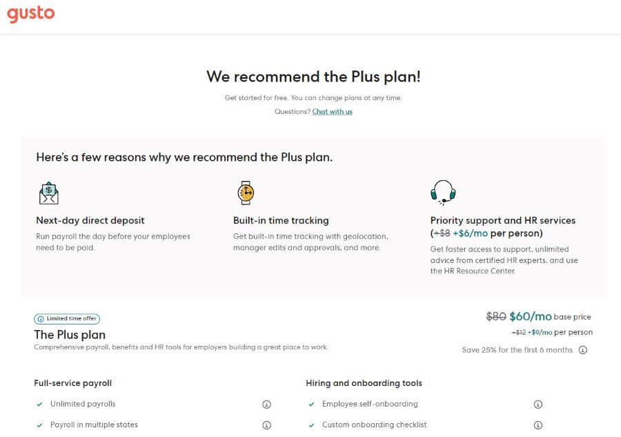 Page 4 of the Gusto setup questionnaire which recommends a plan for you.