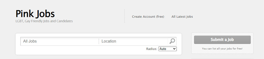 Pink Jobs job search page.