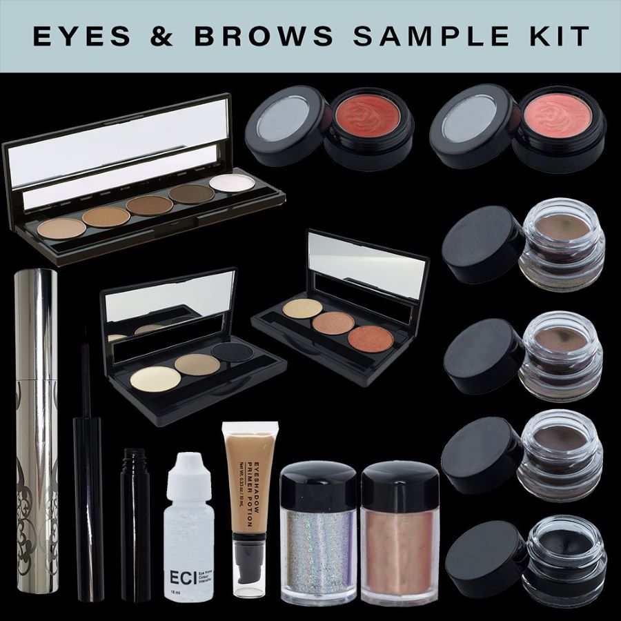 Fifteen makeup items, including eyeshadow palettes, pots of eyeliner, mascara tubes, and jars of glitter, arranged against a black background with a top banner that reads "Eyes & brows samples kit".
