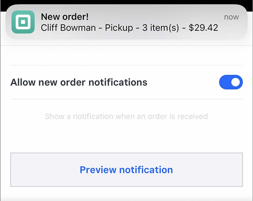 Push notification inside the Square for Retail mobile POS app showing a new pickup order from customer Cliff Bowman for 3 items.