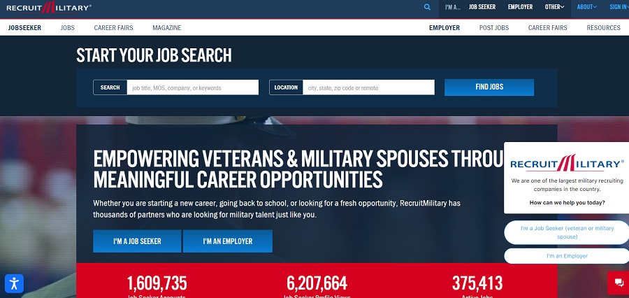 RecruitMilitary.com job search page.