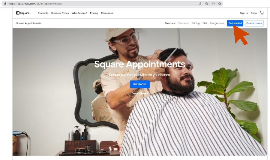 Red arrow selecting the Get started button from the Square Appointments home page.