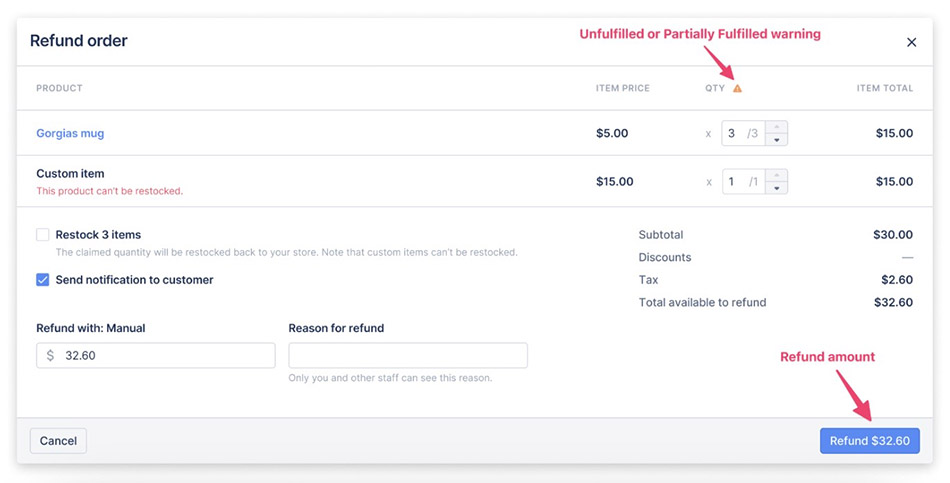 Refunding a Shopify order from Gorgias interface.