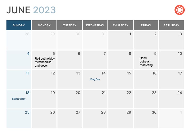 Retail marketing calendar June 2023 page view.