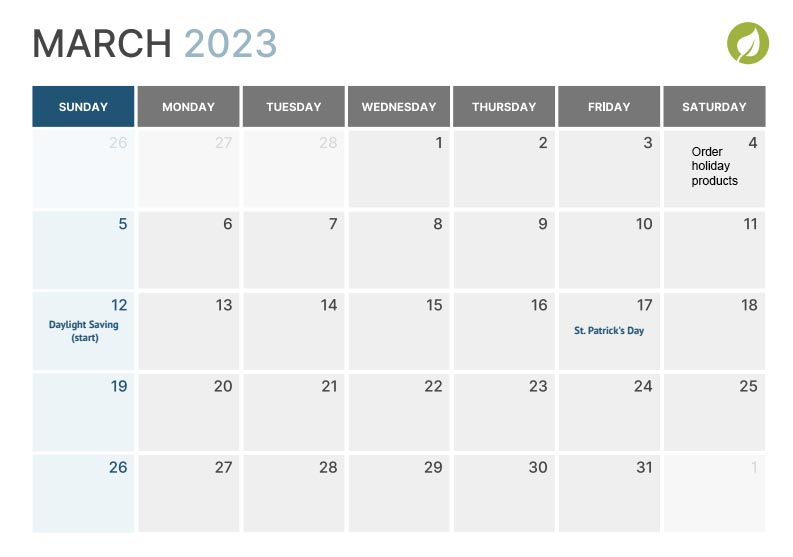 Retail marketing calendar March 2023 page view.