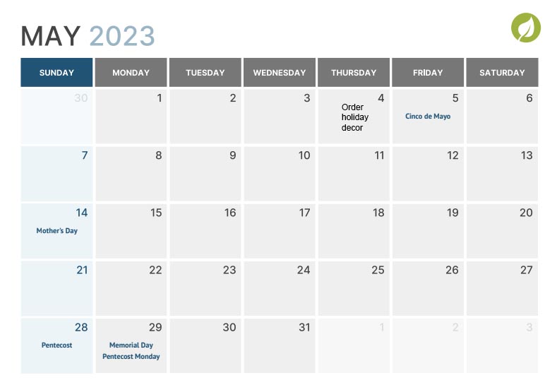 Retail marketing calendar May 2023 page view.