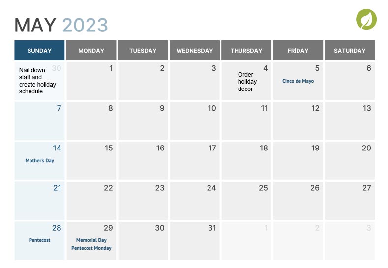 Retail marketing calendar May 2023 page view.