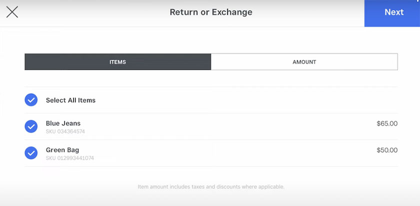 Return or exchange screen, selecting blue jeans and green bag.