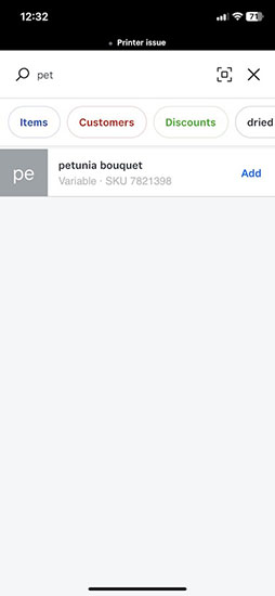 Seach for "pet" on item search page in Square POS checkout. result for petunia bouquet.