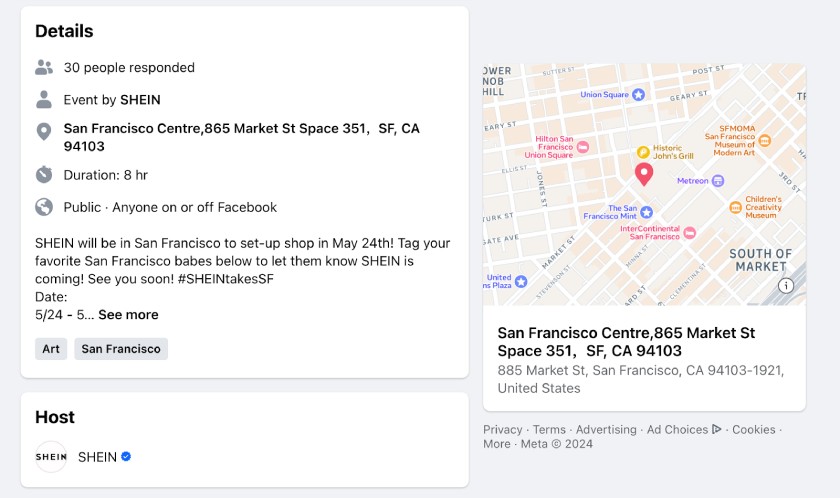 Shein pop up shop event announcement on Facebook with embedded map.