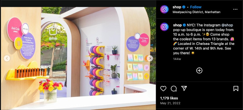 Shop pop up sore with bright colorful shelves and white counter.