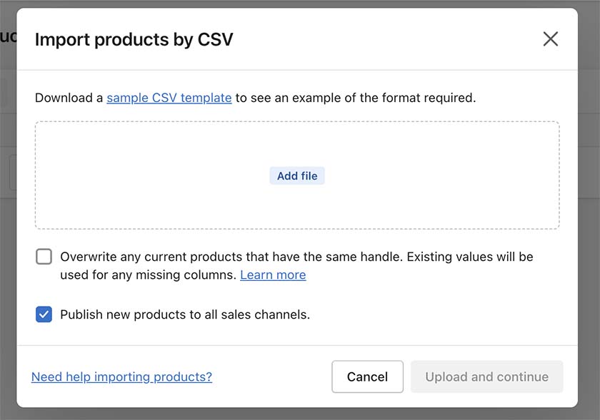 Screenshot of Shopify adding products by importing via CSV file.