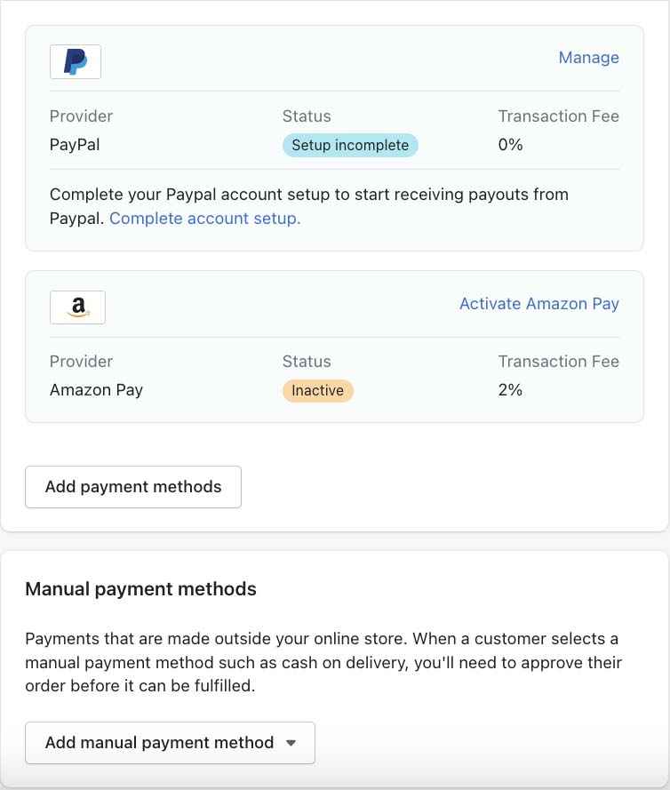Screenshot Shopify dashboard additional payment methods Paypal amazon pay manual payments.
