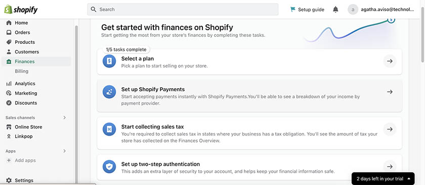 Screenshot of shopify dashboard get started with finances on Shopify.
