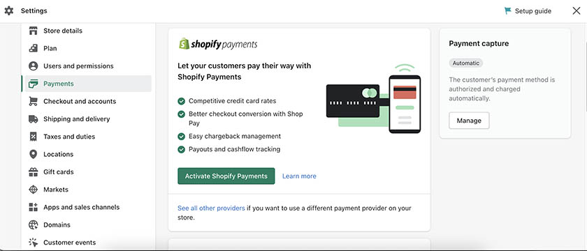 Screenshot of shopify dashboard setting up shopify payments.