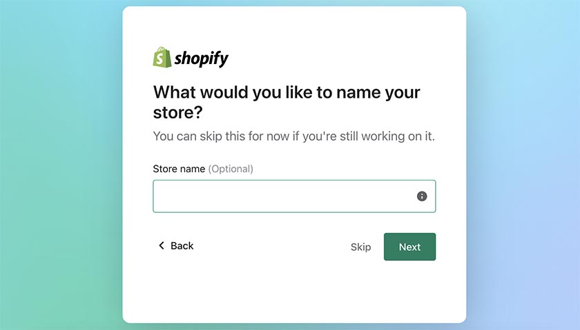 Screenshot of Shopify setup guide step 4 Shopify trial account name of store.