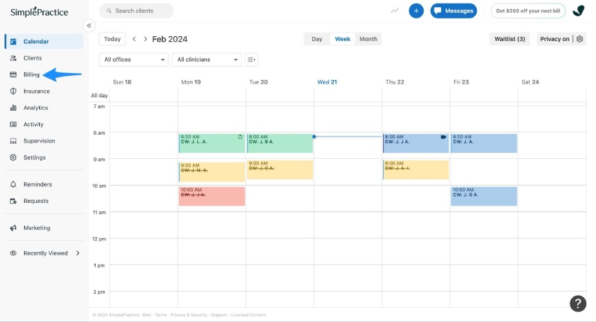 SimplePractice dashboard showing where to find the billing tab in the workspace.