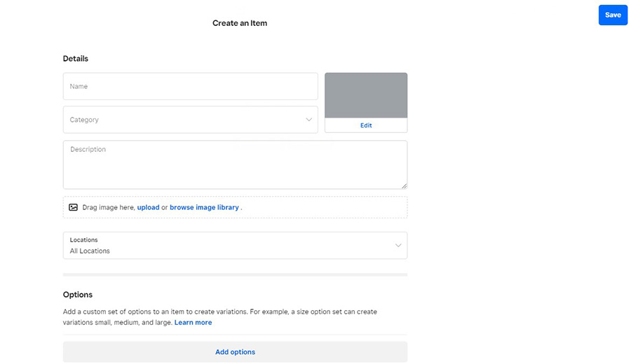 Square Appointments new item worksheet.