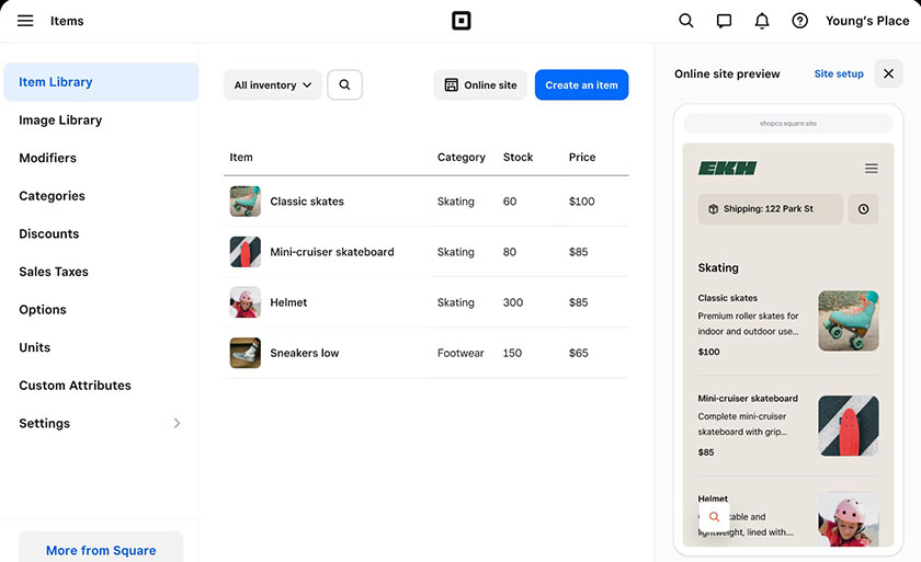 Square online store set up dashboard with site preview.