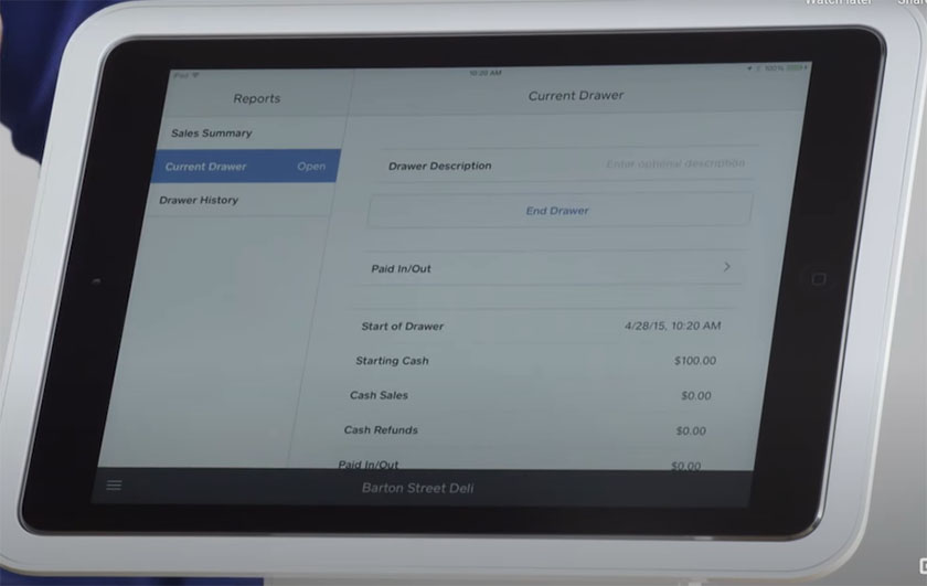 Square for retail Current Drawer reports page with cash management reports.