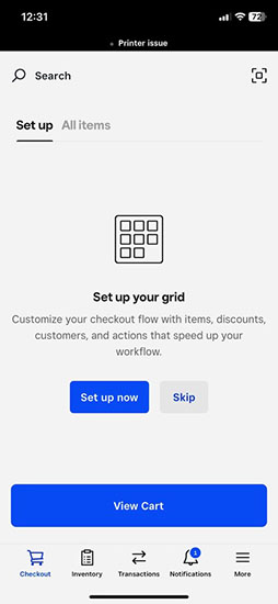 Square for Retail POs app prompting user to set up checkout screen grid.