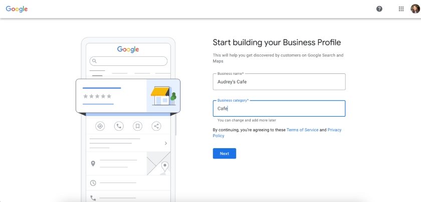 The Google Business Profile setup screen with prompts to enter your business name and category.