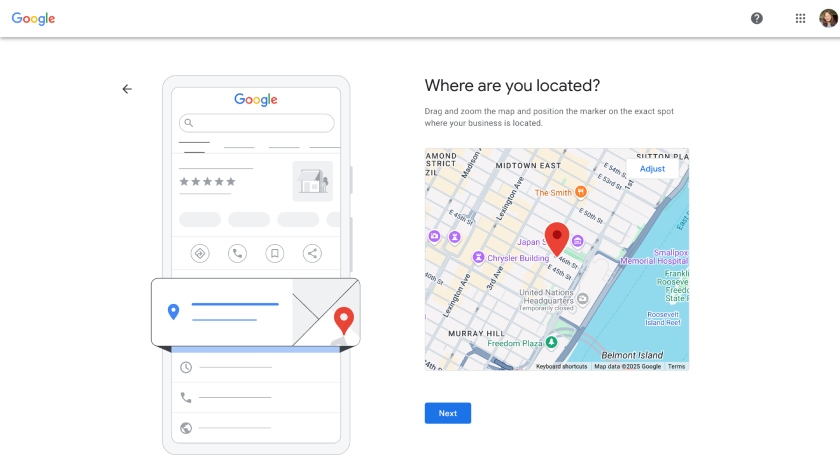 The Google Business Profile setup screen with a map to pinpoint your business' location.
