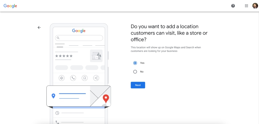 The Google Business Profile setup screen with the prompt of whether or not to add a physical business location.