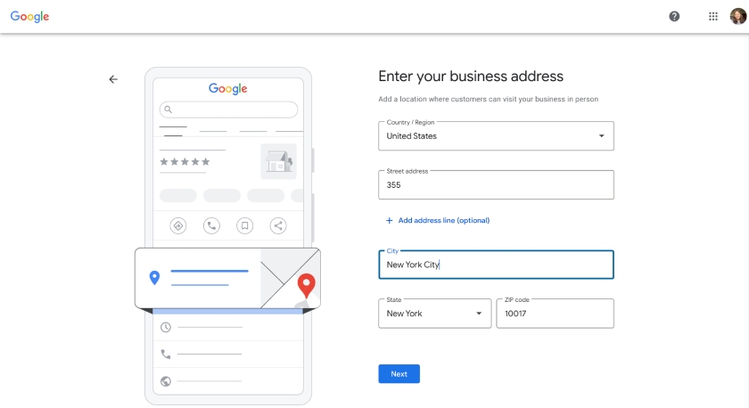 The Google Business Profile setup screen with the prompt to enter your business address.