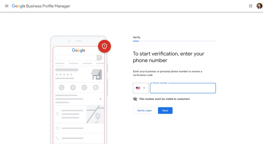 The Google Business Profile verification process with the prompt to enter your phone number for verification.