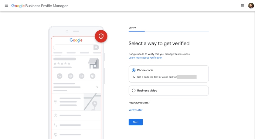 The Google Business Profile verification process with the prompt to get verified via phone or business video.