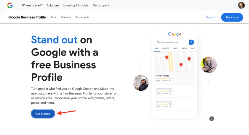 The home screen of Google Business with a "Get started" button.