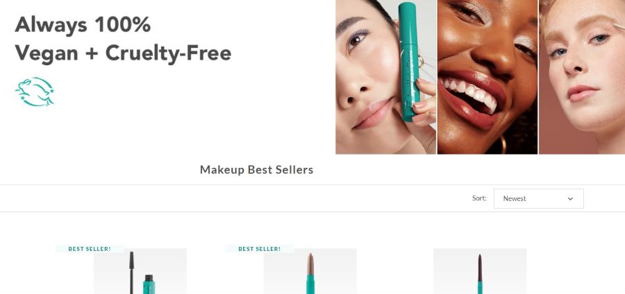 A screenshot from the Thrive Causemetics website showing a banner that reads "Always 100% Vegan + Cruelty-Free" with three close-up images of models' faces above its Makeup Best Sellers section.