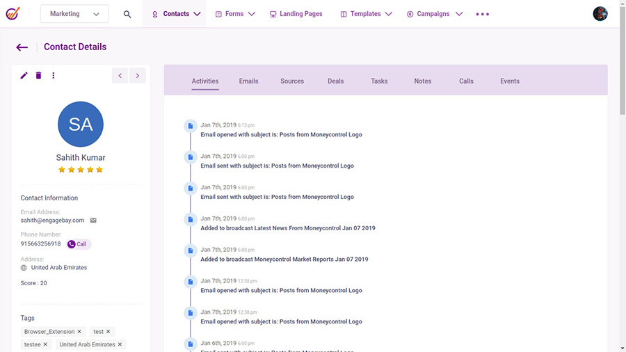 Tracking contact activity in EngageBay.