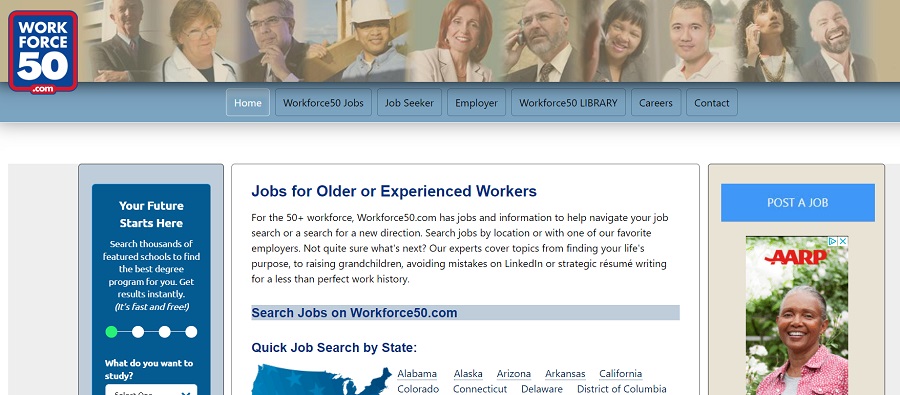 Workforce50 job search by state page.
