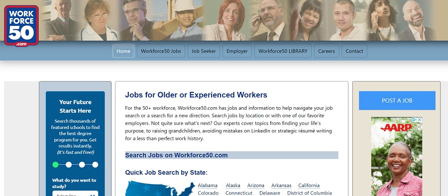 WorkForce50 homepage with buttons for job seekers and employers