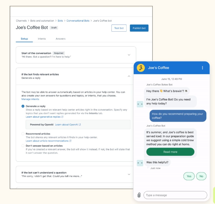 Zendesk AI agents setup form and AI-generated customer service responses on mobile app view.