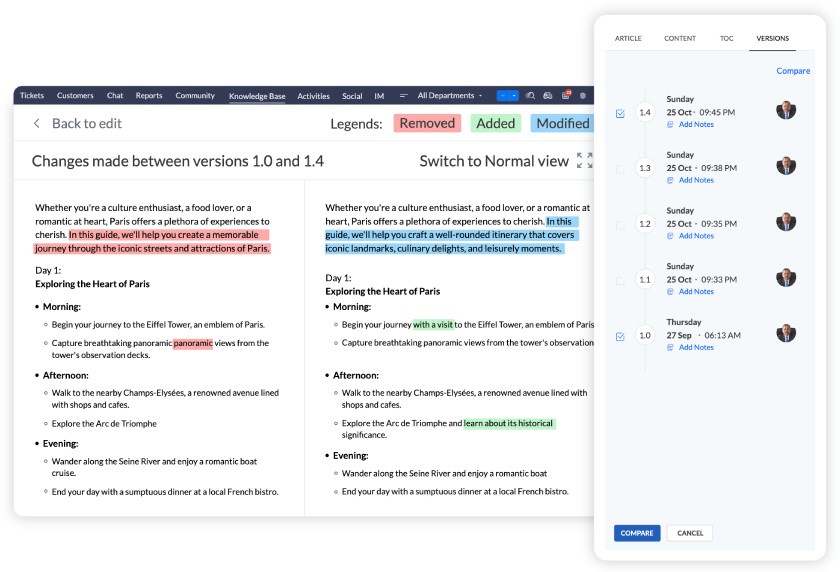 Zoho Desk lets you create informative knowledge base articles with detailed historical view.