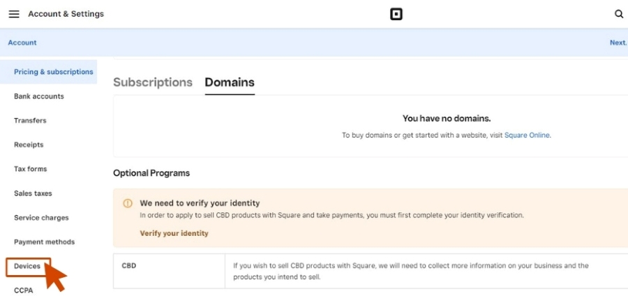 A red arrow pointing to the Devices option from the Square Appointments settings menu.