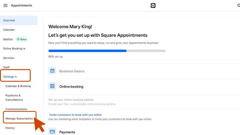 A red arrow pointing to the Manage Subscription option from the Square Appointments dashboard.