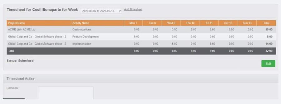 Image of a timesheet in OrangeHRM.