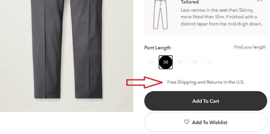 A screenshot of an item page on the Bonobos site with a red arrow pointing to a free shipping advertisement.